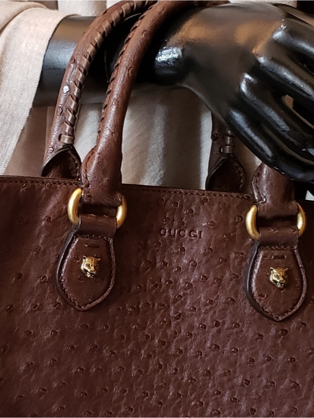 Gucci Authentic Brown Ostrich skin Leather Tote with Brass Hardware, XL